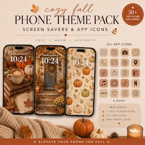 May include: A digital phone theme pack featuring three smartphone screens displaying autumn-themed wallpapers with pumpkins, books, and coffee. The set includes over 30 app icons in shades of beige and brown, plus seven screensavers and an install guide.