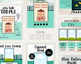 Bookstagram Instagram Post Templates: Green & White Canva Design (Digital Download