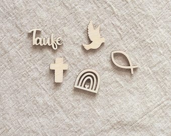 633. Streudeko Taufe – 5 Motive aus Holz | Regenbogen, Kreuz, Taube, Fisch, Schriftzug Taufe | Tischdeko & DIY