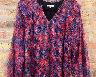 Skies are Blue felroze en blauwe top met lange mouwen en abstracte print