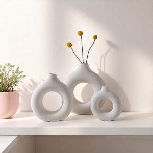May include: Three white ceramic vases with a circular design, varying in size, are displayed on a white shelf. The largest vase holds stems with yellow spherical flowers. A small pink pot with greenery is on the left.
