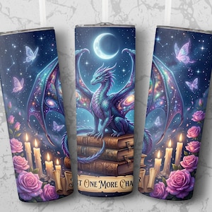 Vaso térmico con diseño de dragón fantástico, vaso térmico delgado de 20 oz PNG, descarga digital de libros de dragones celestiales, regalo de lectura "Solo un capítulo más"
