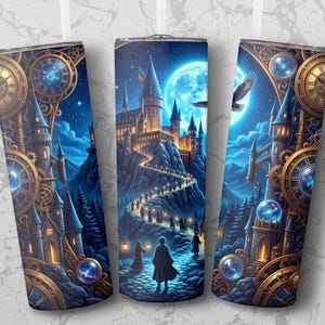May include: A tumbler featuring a fantasy castle scene under a full moon. The design includes a path of figures, a soaring bird, and ornate clockwork elements in shades of blue, gold, and brown. The overall theme is magical and whimsical.