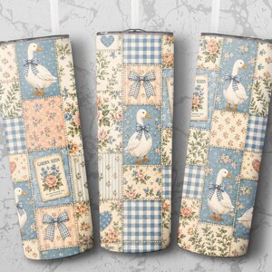 May include: Three cylindrical tumblers featuring a patchwork design of white ducks wearing blue gingham bows, blue and white gingham squares, floral patterns, and rectangular labels with the text Garden Seeds and Garden Seeds.