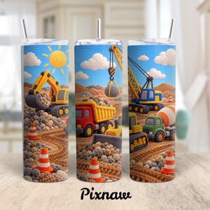 Construction Vehicle 20oz Tumbler Wrap PNG, Crochet Little Builder, Straight and Tapered Download