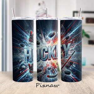 May include: A set of three stainless steel insulated tumblers with lids and straws. Each tumbler features a dynamic design with the word "HOCKEY" in bold letters, hockey pucks, skates, and a hockey stick against a cracked, dark background with lightning.
