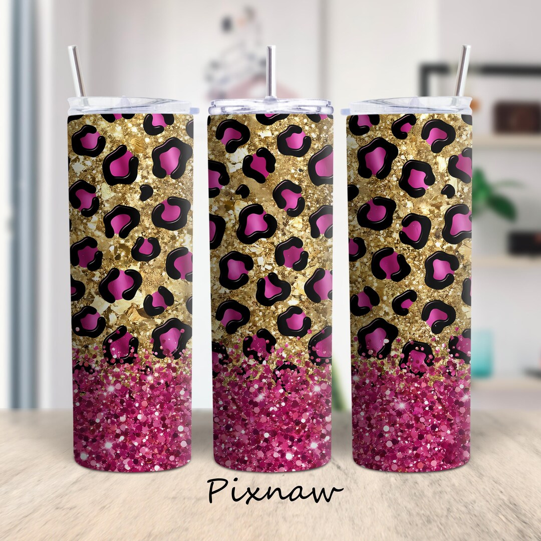 Pink Leopard Tumbler Wrap PNG 20oz Skinny Sublimation Gold Glitter ...