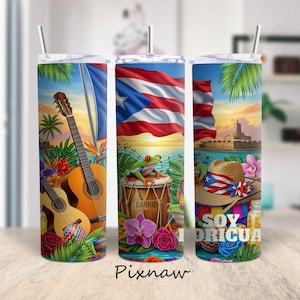 May include: Three tall, insulated tumblers with vibrant Puerto Rican themed designs. Each tumbler features a different scene: guitars, a frog on a drum, and a straw hat. The designs include the Puerto Rican flag, tropical flowers, and the text "Soy Boricua."
