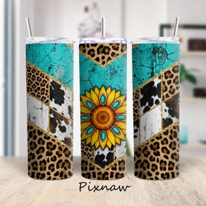 May include: Three stainless steel tumblers with lids and straws. The tumblers feature a turquoise background with a distressed effect, leopard print, cowhide, and a sunflower design. Gold glitter accents the design. The text "Pixnaw" is at the bottom.