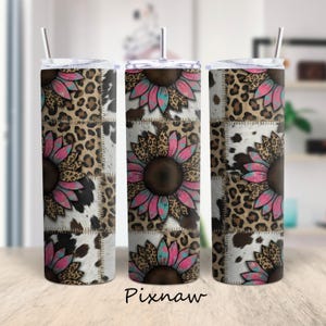 May include: Three stainless steel tumblers with lids and straws. Each tumbler features a patchwork design with a sunflower, leopard print, and cowhide pattern. The text "Pixnaw" is printed on the bottom.