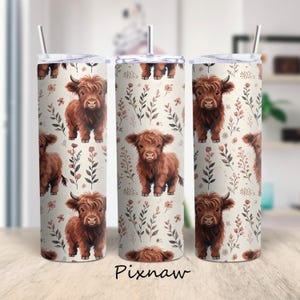 May include: A set of three insulated tumblers with a repeating pattern of brown Highland cows and floral elements on a cream background. Each tumbler has a silver lid and a straw. The text "Pixnaw" is at the bottom.