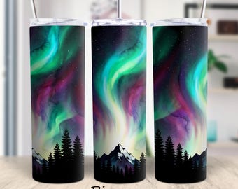 Envoltura para vaso de montaña Aurora Boreal PNG de 20 oz, delgada, sublimación, Aurora Boreal, noche, naturaleza, bosque