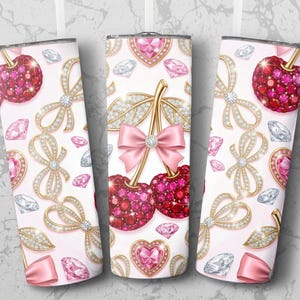 Glam Cherry Tumbler Wrap, 20oz Skinny Sublimation Design, Faux Ruby Diamond Bow Digital PNG for Her