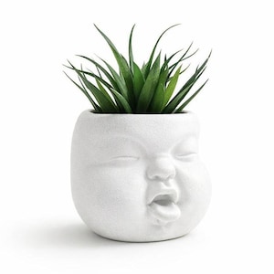 Face Flower Pot – Funny Baby Head Planter – Sculpture Planter – White Concrete Decor
