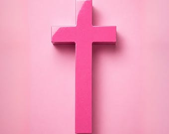 Croix en béton pop art | Crucifix décoratif mural rose brillant | Objet d'art néon | Mortis rose