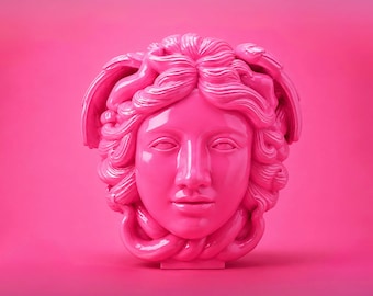Buste de Méduse sculptée | Tête d'art en béton | Mortis Méduse | Rose bonbon brillant | Mortis rose