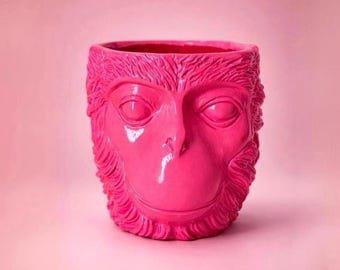 Pot de fleurs Pop Art Singe – Pot de fleurs Tête de singe rose – Collection Love Monkey
