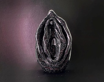 Glitter Vulva Sculpture | Feminine Art in Concrete | Glossy Black | Black Galaxy | Pink Mortis