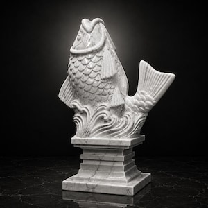Könnte beinhalten: Eine detaillierte, monochrome Skulptur eines Fisches mit strukturierten Schuppen und Flossen, montiert auf einem quadratischen, mehrstufigen Sockel. Der Fisch wird mit offenem Maul dargestellt. Die Skulptur steht vor einem dunklen Hintergrund.