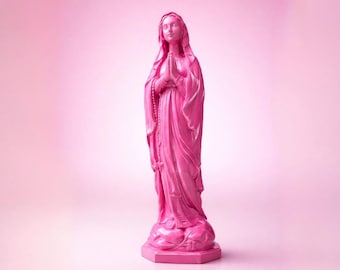 Sculpture pop art de la Vierge Marie rose - Figurine brillante - Statue moderne de Marie - Décoration design - Pièce maîtresse - Statue de la Vierge Marie en béton