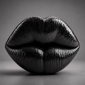 May include: A glossy, black sculpture of a pair of lips. The lips are full and have a textured surface with vertical lines. The image is in grayscale, with a soft gradient background.