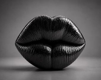 Sculpture de lèvres gothique | Objet d'art en béton | Noir brillant | LIQUID KISS | Rose Mortis
