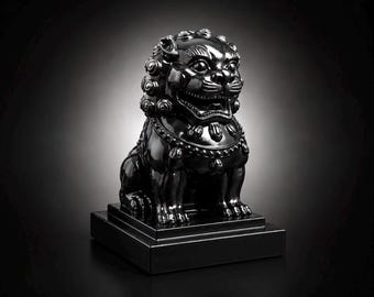 Sculpture de lion gothique | Objet d'art en béton | Gardien Mortis | Noir brillant | Mortis rose