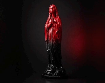Statue de la Vierge Marie gothique rouge et noire | Relique de sang finition ombrée | Statue en béton | Décoration sombre | Mortis rose