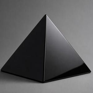 Può includere: Una scultura a piramide nera lucida con base quadrata. La piramide ha una superficie liscia e riflettente ed è posta su uno sfondo grigio. La forma geometrica è un oggetto decorativo suggestivo.