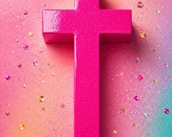 Croix en béton pop art | Crucifix décoratif mural rose pailleté brillant | Objet d'art néon | Rose mortis