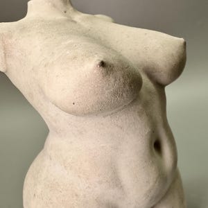 May include: A beige-colored, headless torso sculpture. The sculpture depicts the upper body of a person, with detailed breasts, abdomen, and a slight curve to the side. The surface has a textured, aged appearance.