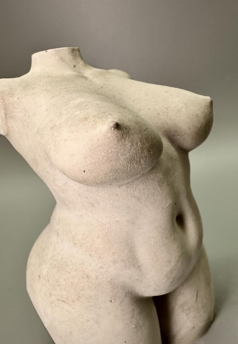 May include: A beige-colored, headless torso sculpture. The sculpture depicts the upper body of a person, with detailed breasts, abdomen, and a slight curve to the side. The surface has a textured, aged appearance.