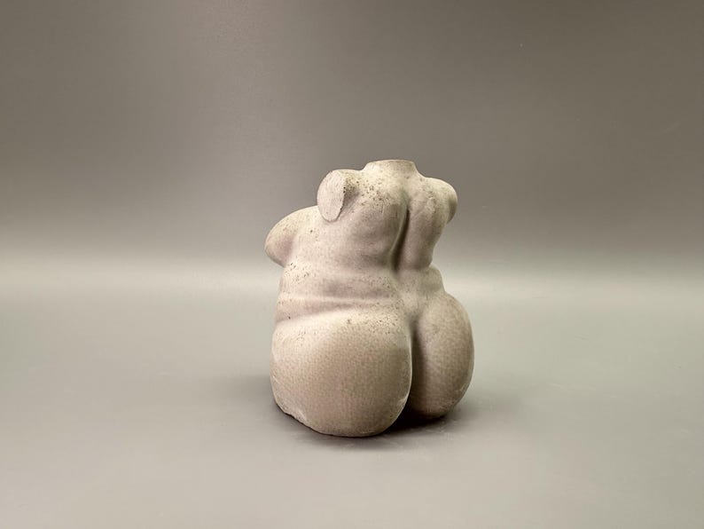 May include: A light gray, sculpted torso figurine. The sculpture depicts the back of a human torso, with the shoulders, back, and buttocks visible. The figurine has a rough, textured surface and is set against a gray background.
