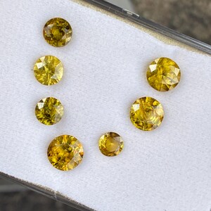 May include: A collection of seven round, yellow gemstones of varying sizes, arranged on a white surface. The gems have a brilliant cut, reflecting light and showcasing their vibrant color. The gemstones are displayed in a clear container.