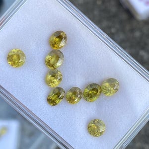 May include: A collection of faceted, oval and round yellow-green gemstones displayed in a clear plastic container with a white fabric lining. The gemstones have a brilliant cut, reflecting light. The container is on a neutral surface.