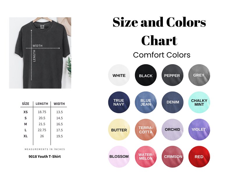 Puede incluir: Una camiseta gris oscuro en una percha, con una tabla de tallas y colores. La tabla muestra colores como blanco, negro y rojo. Las medidas est&aacute;n en pulgadas, con tallas de XS a XL. El texto dice "9018 Youth T-Shirt."