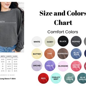 Puede incluir: Una tabla de tallas y colores para una camiseta de manga larga, con un modelo que lleva una camiseta gris. La tabla muestra varios colores como blanco, negro y azul vaquero. Las medidas est&aacute;n en pulgadas, tallas de S a 3XL.