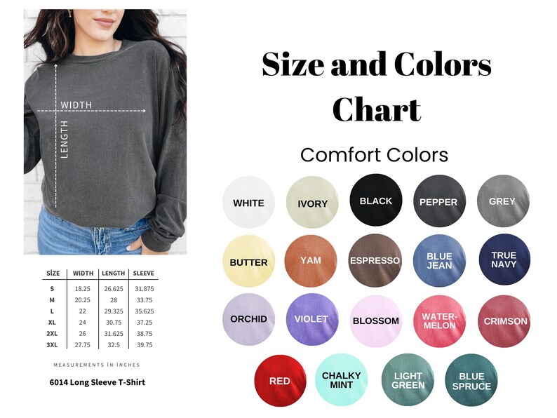 Puede incluir: Una tabla de tallas y colores para una camiseta de manga larga, con un modelo que lleva una camiseta gris. La tabla muestra varios colores como blanco, negro y azul vaquero. Las medidas est&aacute;n en pulgadas, tallas de S a 3XL.