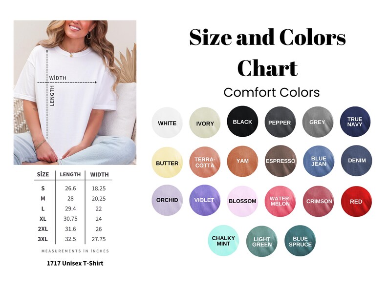 Puede incluir: Camiseta unisex blanca con una tabla de tallas y colores. La tabla muestra varios colores como blanco, negro y rojo. Las medidas est&aacute;n en pulgadas, con tallas que van de la S a la 3XL. La camiseta est&aacute; etiquetada como 1717 Unisex T-Shirt.