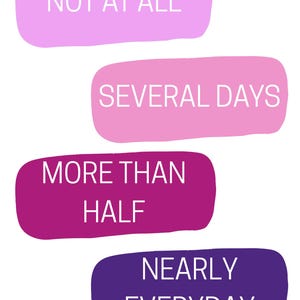 May include: Four speech bubbles in shades of purple and pink, each with white text. The top bubble says "NOT AT ALL". The second says "SEVERAL DAYS". The third says "MORE THAN HALF". The bottom bubble says "NEARLY EVERYDAY".