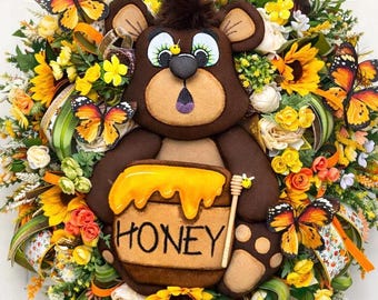 XL Honey Bee Wreath, Bear Honey Pot Spring Wreath, Bumble Bee Front Door Decor, Butterfly Spring Summer Wreath, Whimsical Farmhouse Decor