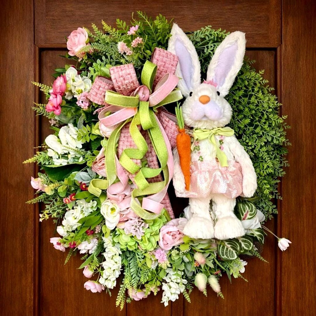 Spring Bunny Moss Base Wreath for Front Door, Luxury Easter Door Decor ...