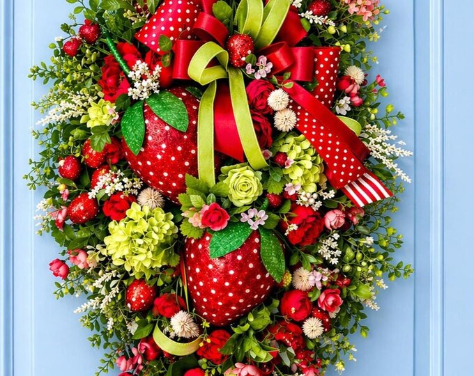 XL Strawberry Wreath for Front Door | Summer Citrus Wreath Strawberry ...