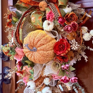 Stunning Fall Door Wreath with Pumpkin | Handmade Autumn Wreath | Thanksgiving Fall Wreath | Farmhouse Fall Decor | Rustic Front Door Wreath