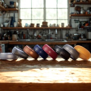 May include: A row of eight silicone rings in various colours including light grey, dark grey, copper, navy blue, maroon, black, charcoal, and mustard yellow, arranged in a line on a wooden surface with a smooth, rounded band design.