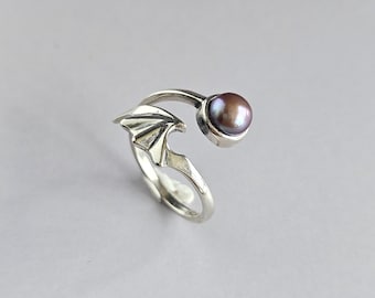 Bat Wing Pearl Ring: Gothic Sterling Silver Iridescent Statement Jewelry