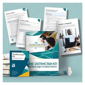 May include: A collection of documents and a kit titled "The Distinction Kit - Ultimate SQE Foundation Kit." The documents include "Business Admin" and "Criminal Litigation" headings. The kit is blue and yellow with text and a graphic.