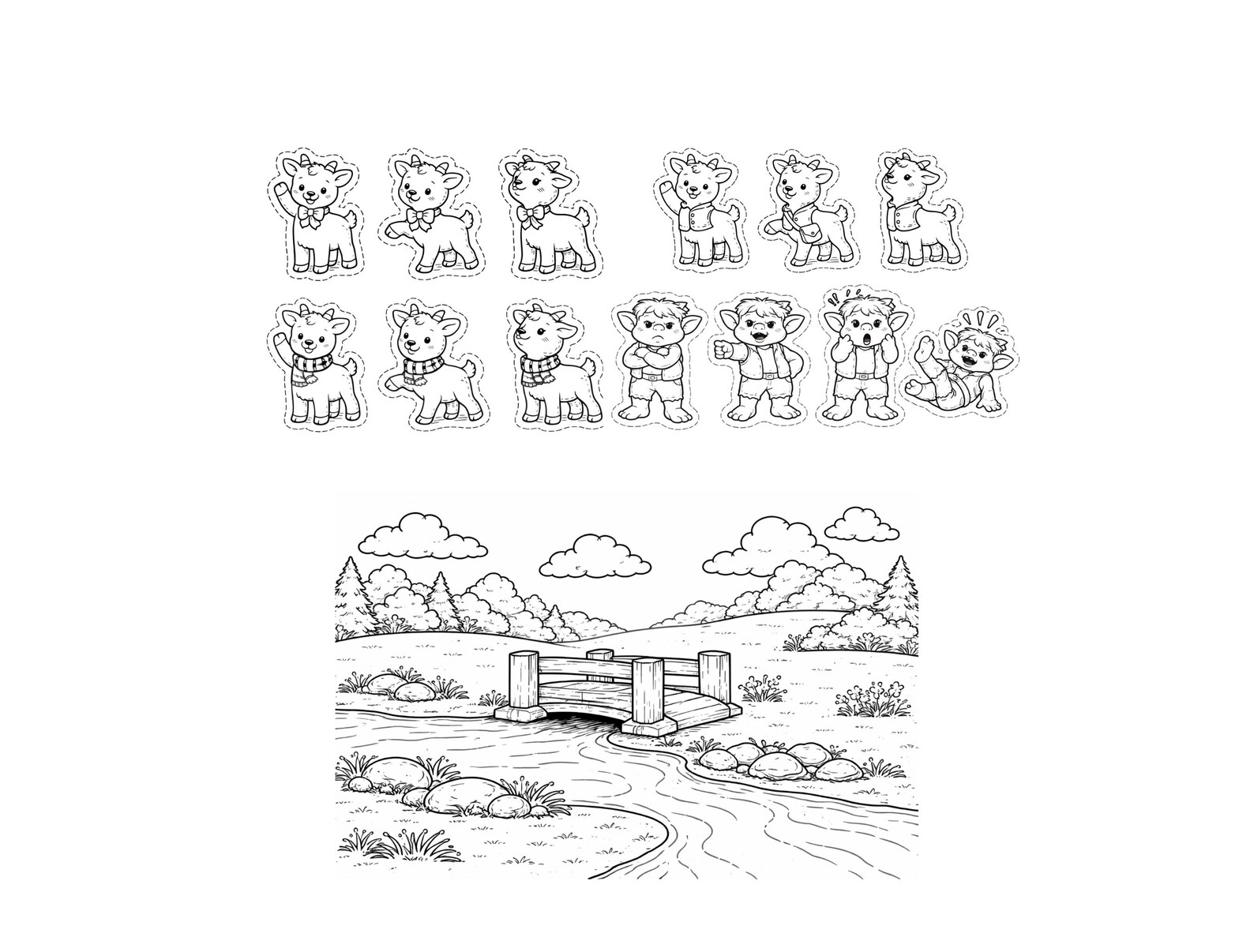 Three Billy Goats Gruff Coloring Craft, Cut and Paste Activity (PDF ...