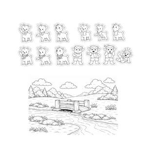 以下が含まれることがあります： 漫画のヤギと森のシーンを描いた白黒イラスト。ヤギはスカーフと蝶ネクタイを着用しています。森のシーンには、川にかかる橋、木、雲が含まれています。