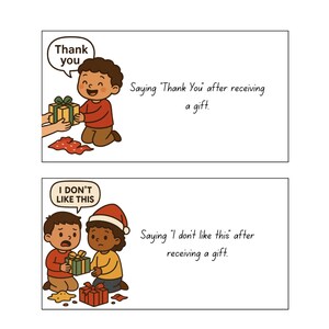 May include: Two illustrated cards showing children receiving gifts. The first card shows a child saying "Thank you" and the text "Saying 'Thank You' after receiving a gift." The second card shows children saying "I don't like this" and the text "Saying 'I don't like this' after receiving a gift."
